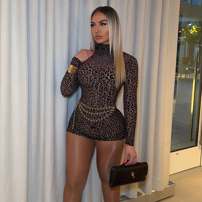 Fashion Sexy Leopard Print High Neck Slim Fit Bodycon Jumpsuit for Women