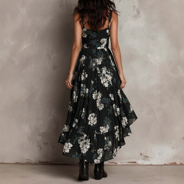 New style printed camisole dress for women, V-neck, waist cinched, high slit long skirt, fashionable vacation dress