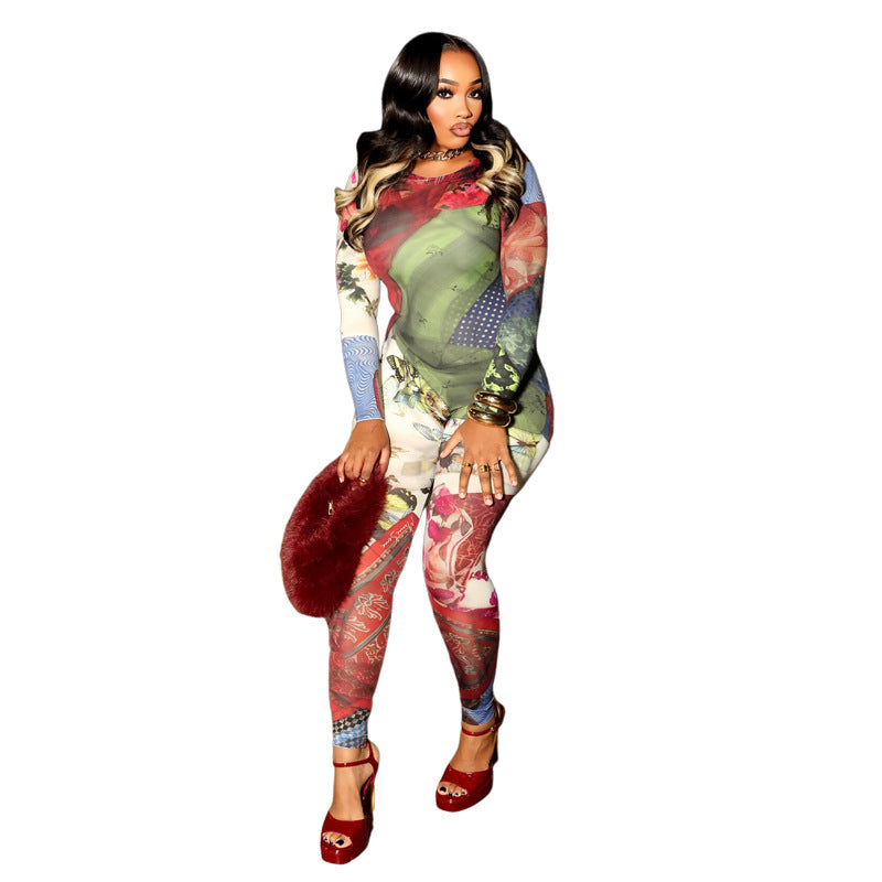 Creative 3D Digital Print Streetwear Fitted Long Sleeve Jumpsuit for Women