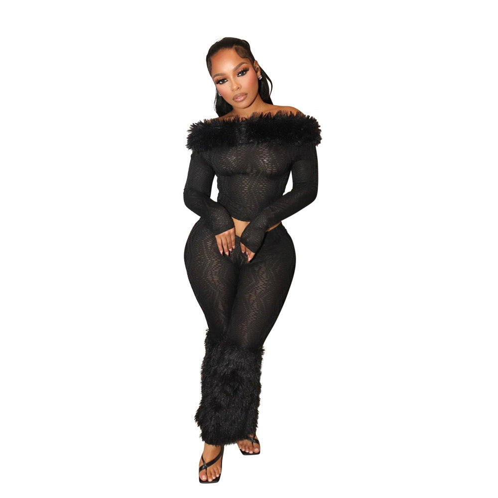 Long Sleeve One-Shoulder Top and Fitted Trousers Fluffy Two-Piece Set