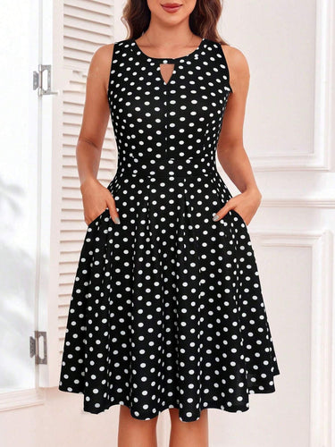 New Floral Print Keyhole Neckline Dress with Hidden Back Zipper, Beach Vacation Style Dress