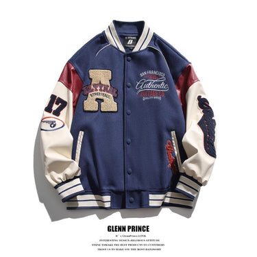 Style Streetwear Baseball Jacket for Men,Couple BF Style Embroidered Jacket, Loose Fit Patchwork Casual Outerwear