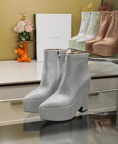 Sequined Crystal Ankle Boots High Heel Platform Wedge Shoes Winter Short Boots Fashion Stage Shoes