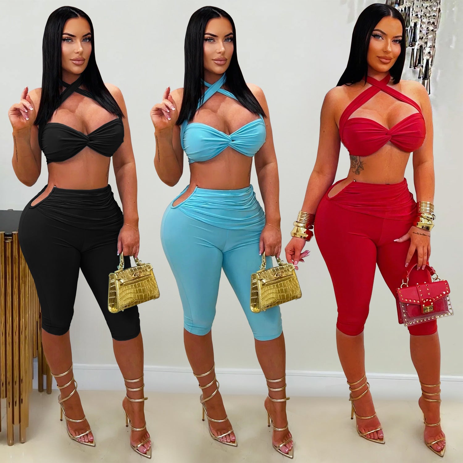 Solid color lace up slim fit hip package set