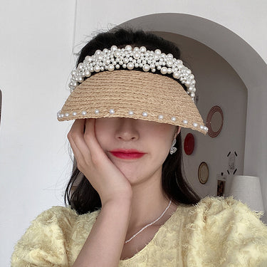 New Women Pearl Headband Hat Raffia Visor Caps For Girls Beach Hat Braided Fashion Cap Lady Summer Straw Sun Hats Wholesale