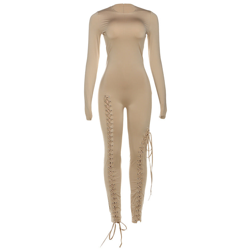 Autumn Winter Women's New Long Sleeve Fashion Sexy Cut-Out Tie-Up Bodycon Long Jumpsuit