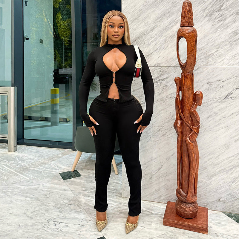 Hot Sale Hollow-out Hook Buckle Top Zipper Pants Sexy Bodycon Two-piece Set