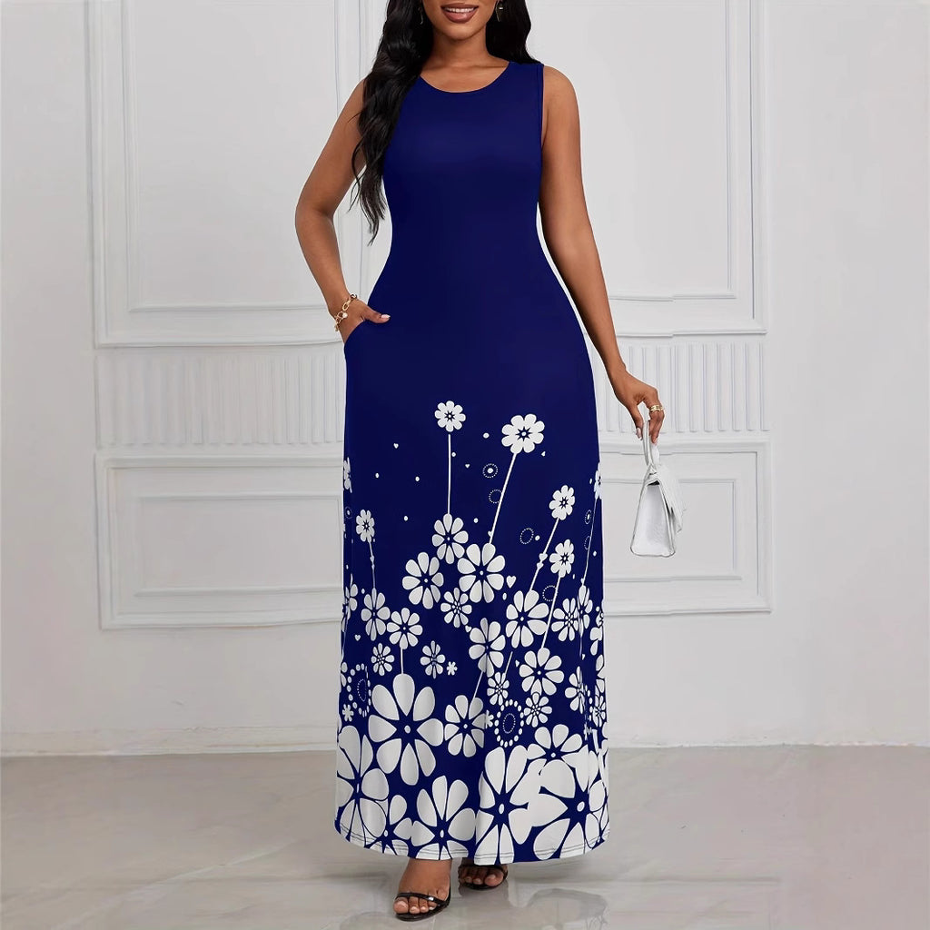 Printed Sleeveless Loose Round Neck Simple Elegant Dress