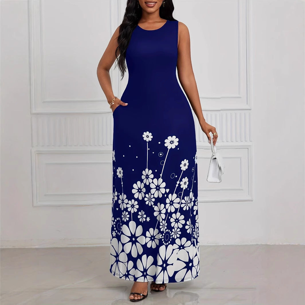 Printed Sleeveless Loose Round Neck Simple Elegant Dress