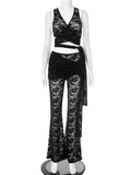 Women's Fitted V-Neck Strapless Top and Flared Long Pants Lace Set