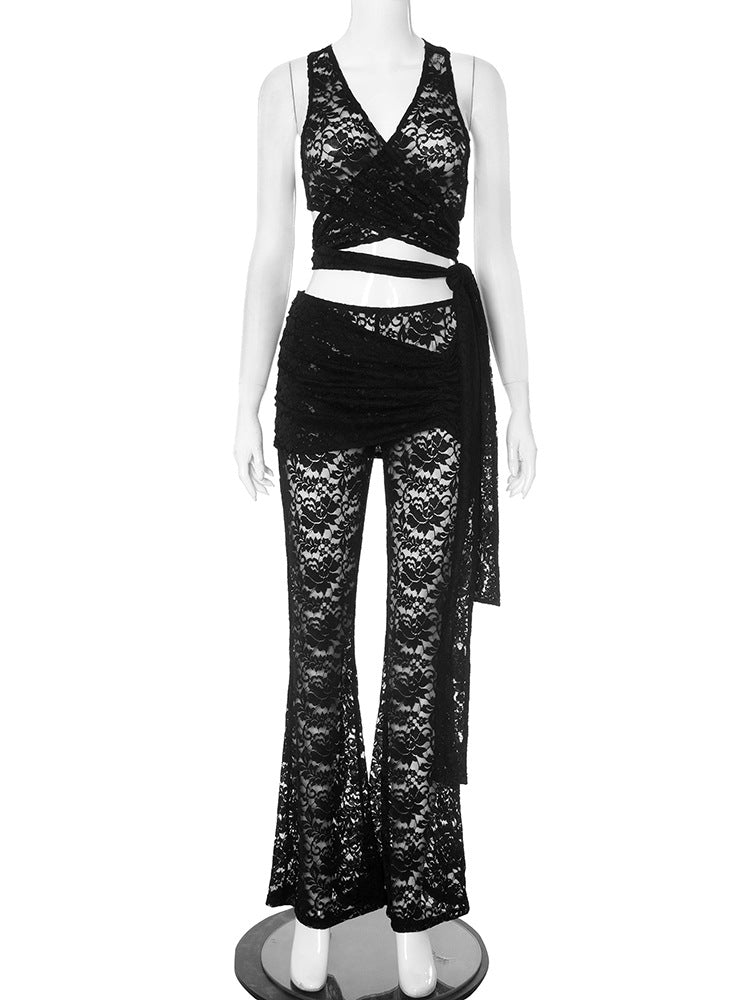 Women's Fitted V-Neck Strapless Top and Flared Long Pants Lace Set