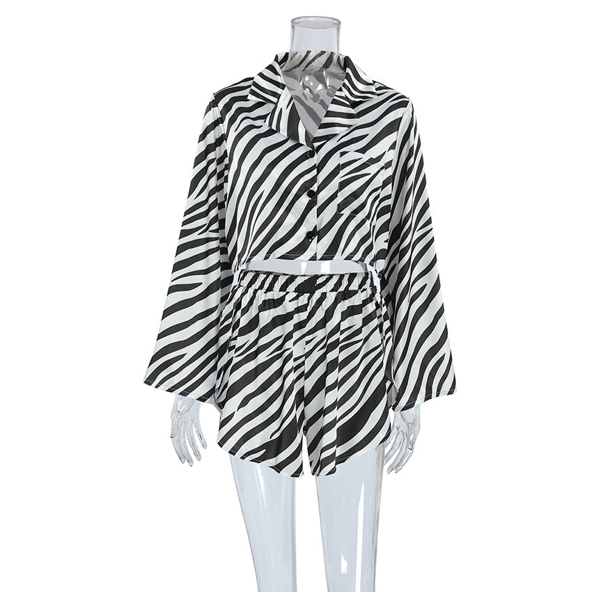 Stripe Short Sleeve Long Sleeve Split Shorts Two-Piece Set Cool Touch Ice Silk Women's Loungewear