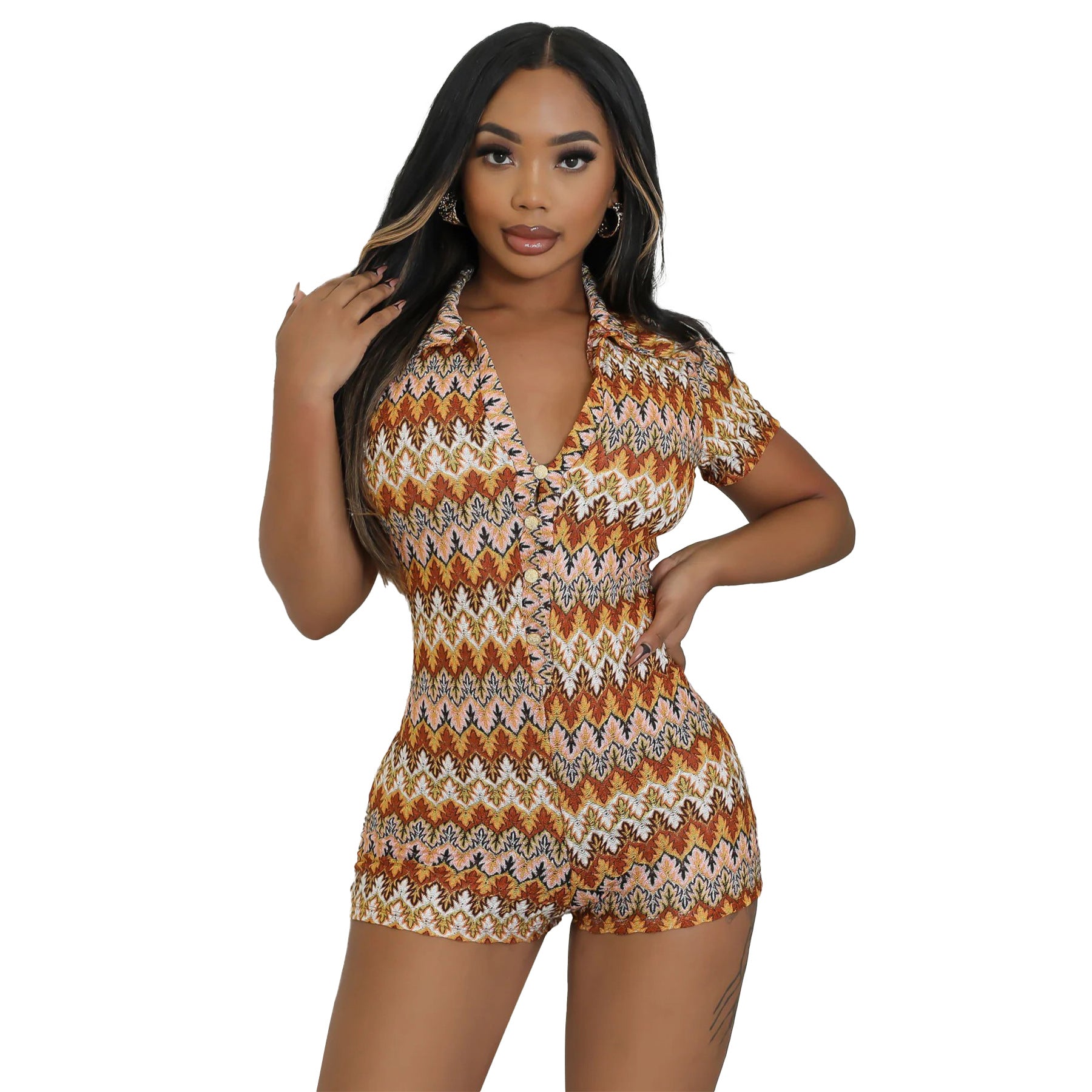 Wave patterned color stripe V-neck short sleeved jumpsuit shorts
