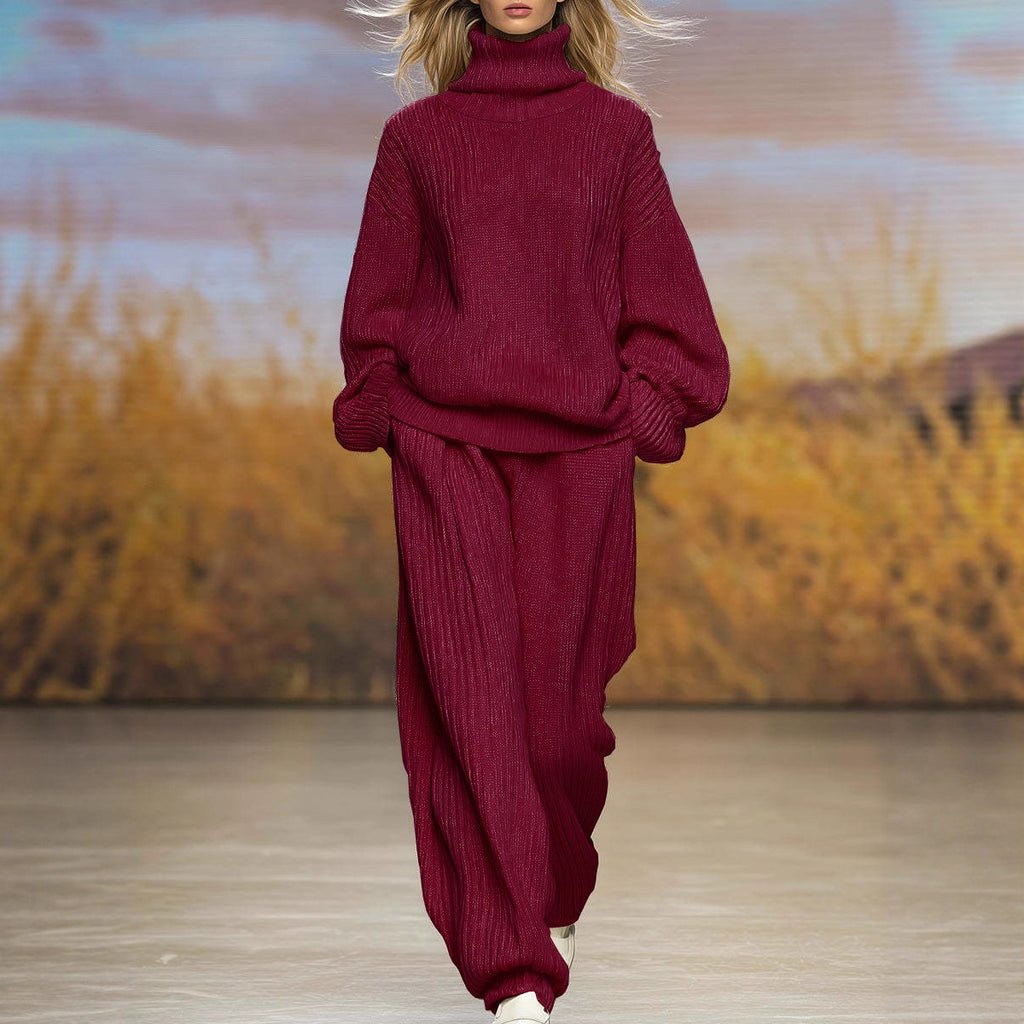 Casual Knit Loose High Neck Wide Leg Pants Set
