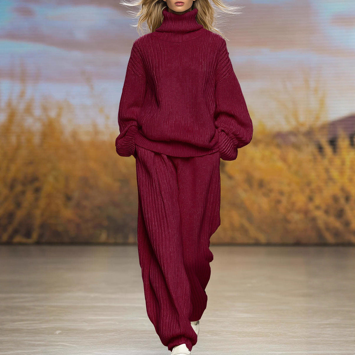 Casual Knit Loose High Neck Wide Leg Pants Set