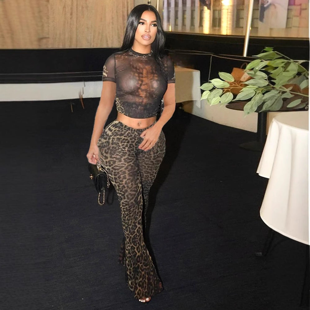 Leopard Print Short Sleeve Two-Piece Set for Women