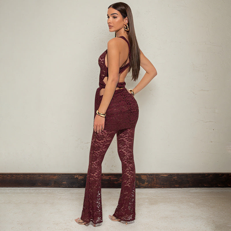 Women's Fitted V-Neck Strapless Top and Flared Long Pants Lace Set