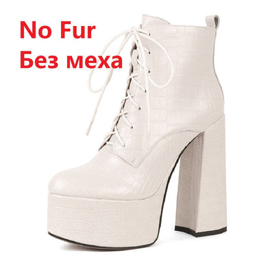 Elegant Mature Women Ankle Boots Cross-Tied Platforms Genuine Leather High Heels Party Office Autumn Winter Shoes