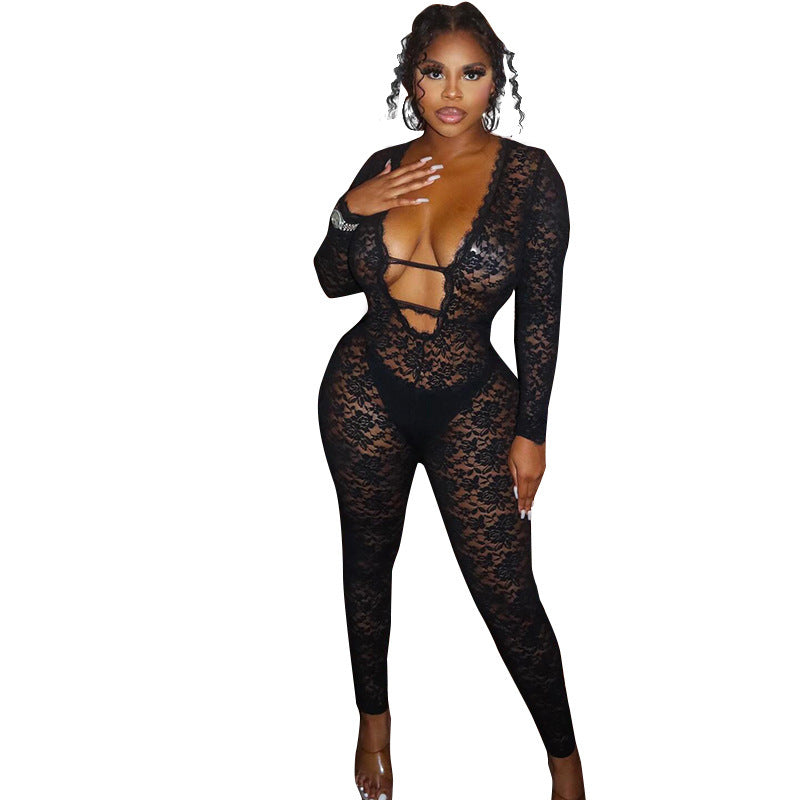 Style Women's Ins New Lace Sheer Zipper Sexy Chic Club Bodysuit