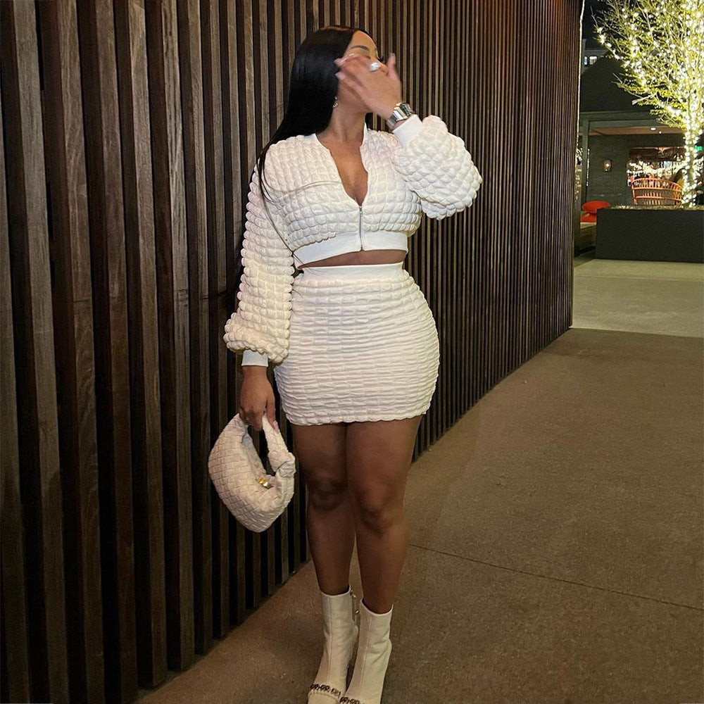 Fashion Casual Fitted Bubble Grid Zipper Top and Pencil Skirt Set
