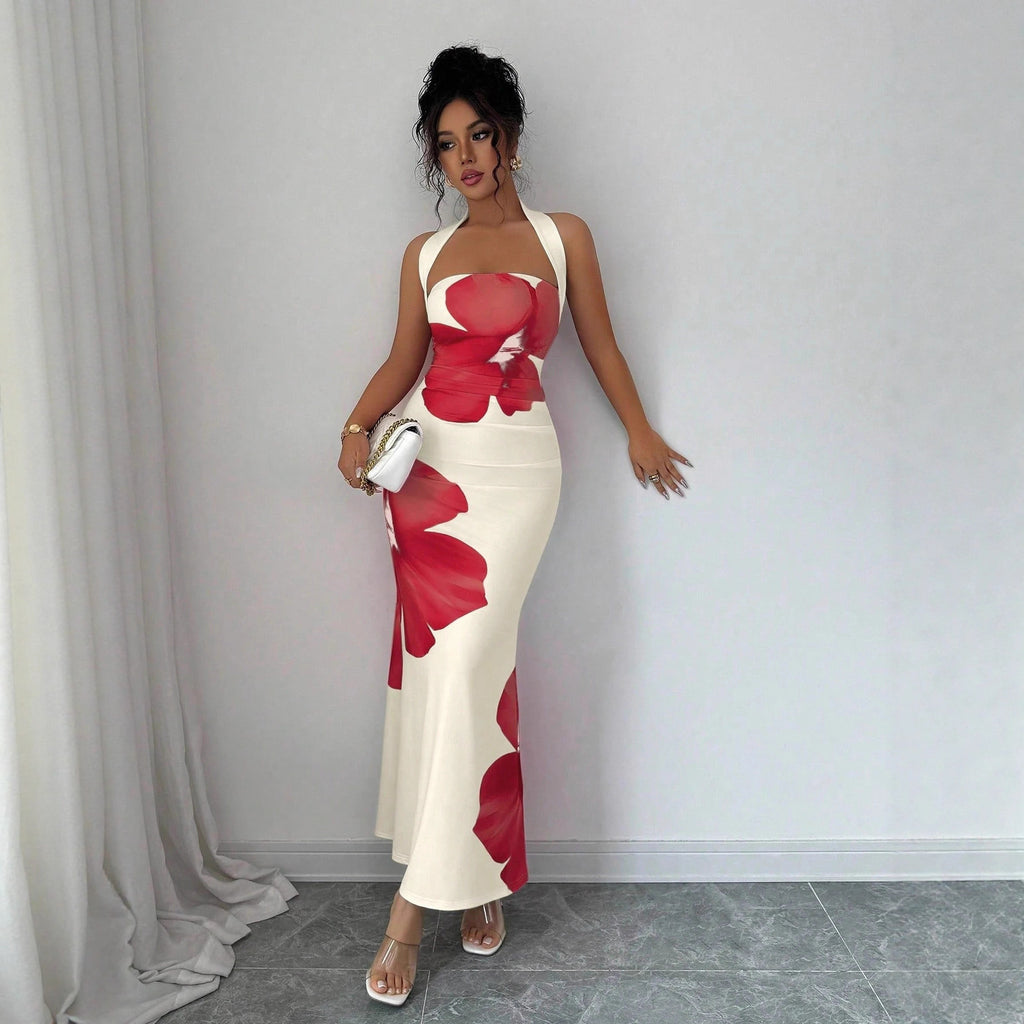 women's backless halter long dress with printed pattern fitted silhouette