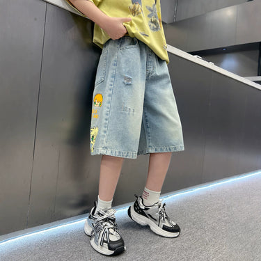 Casual Cool Cartoon Denim Shorts for Boys Lightweight Mid-Length Pants Trendy Kids