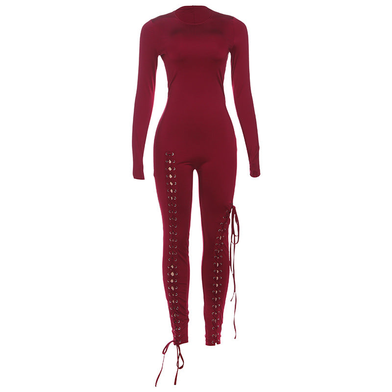 Autumn Winter Women's New Long Sleeve Fashion Sexy Cut-Out Tie-Up Bodycon Long Jumpsuit