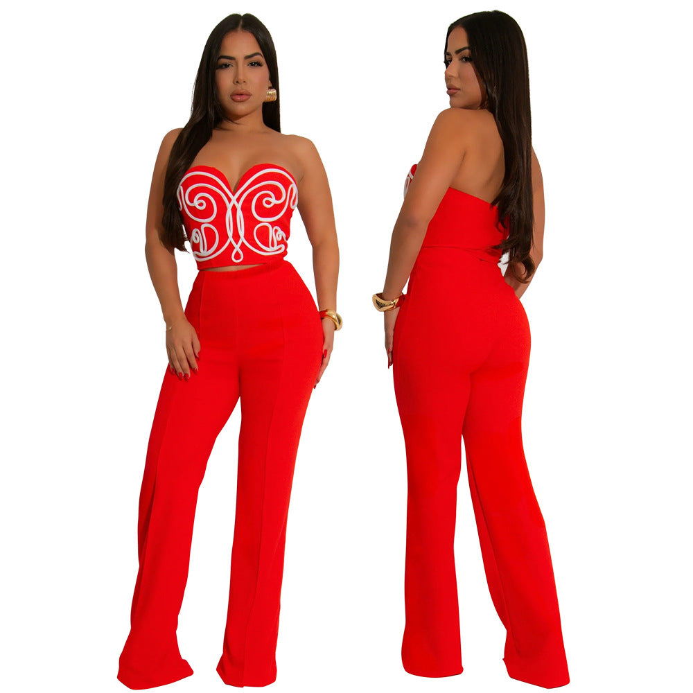 Strapless Crop Top with Solid Color Long Pants Slim Two-Piece Set Women's Casual Outfit