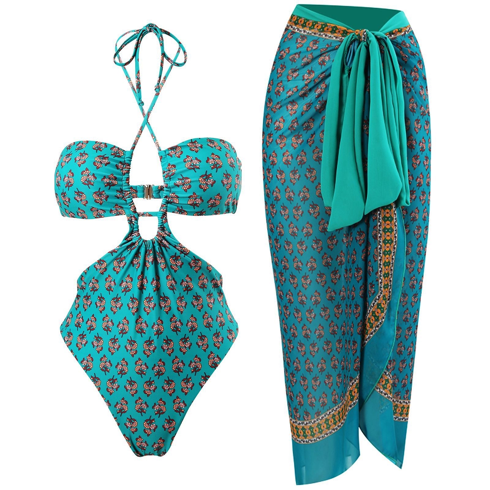 One-piece strappy hollow sexy triangle long chiffon wrap skirt foreign trade swimsuit/ SMU PLUS