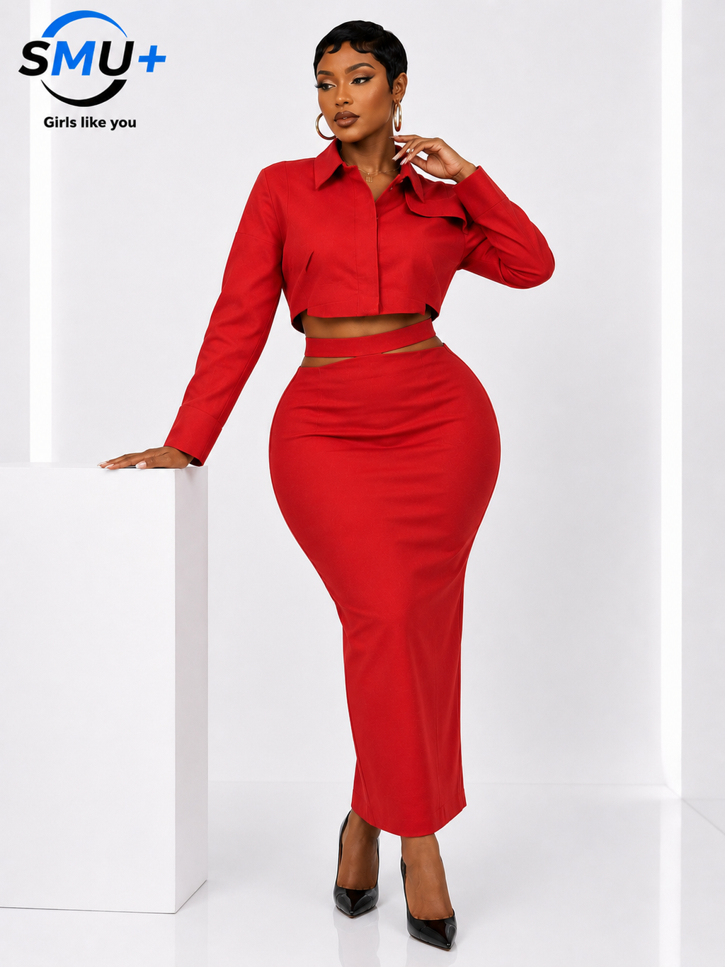 Solid Casual Two Piece Set For Women Lapel Collar Long Sleeve Short Top High Waist Slim Skirt Female  Fashion Set