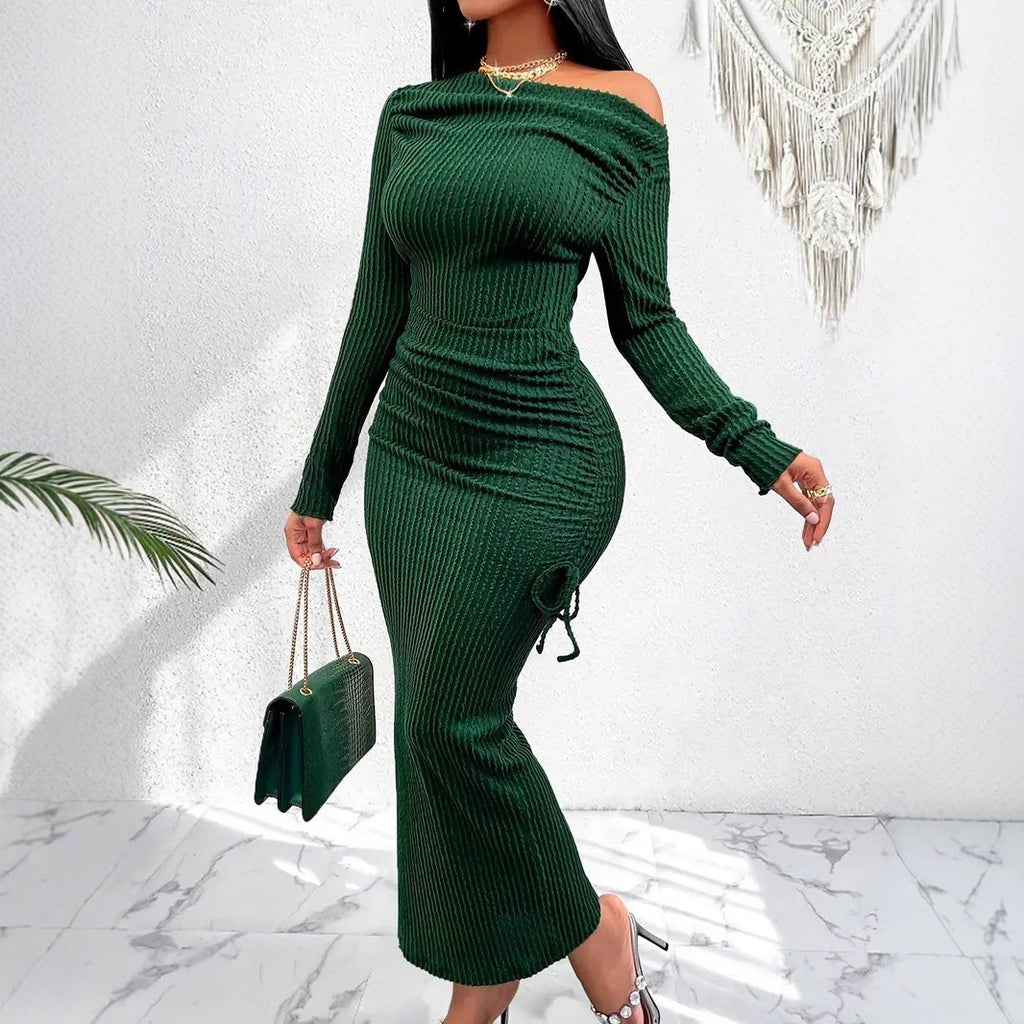 Elegant Women's High Neck Long Sleeve Fitted Ruched Drawstring Bodycon Dress