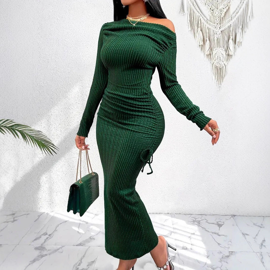 Elegant Women's High Neck Long Sleeve Fitted Ruched Drawstring Bodycon Dress