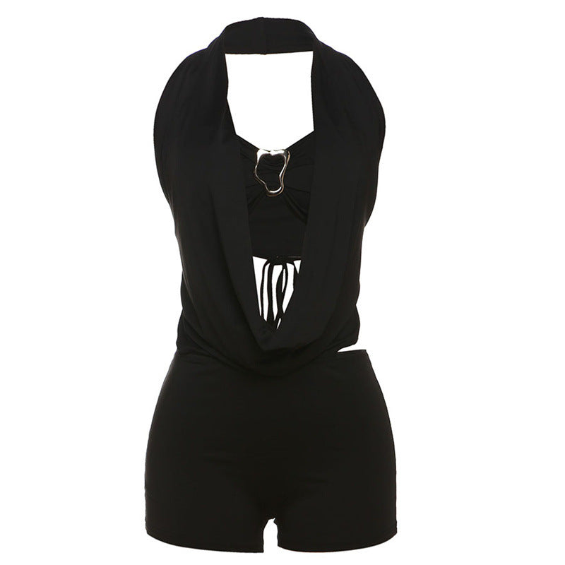 Summer Fashion Solid Color Strapless Tie-Back Halter Top Fitted Short Set Women