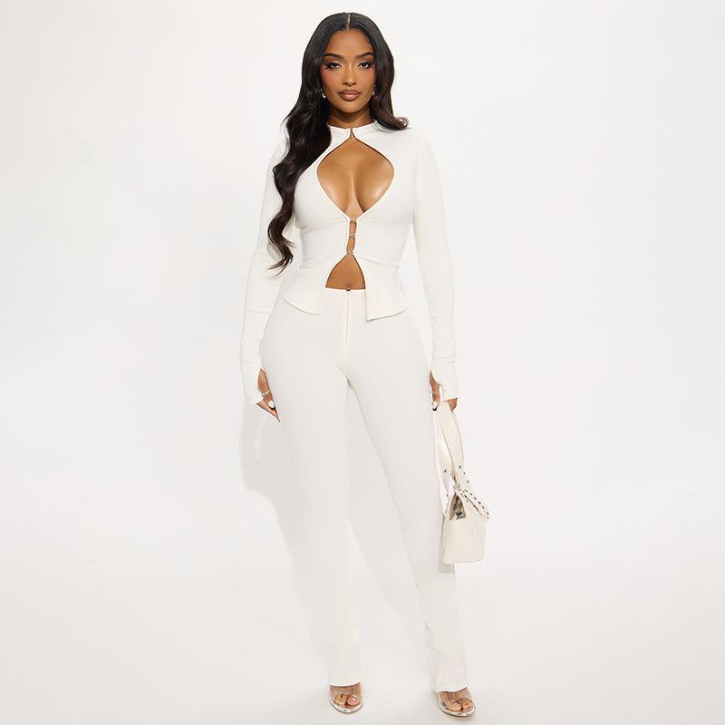 Hot Sale Hollow-out Hook Buckle Top Zipper Pants Sexy Bodycon Two-piece Set