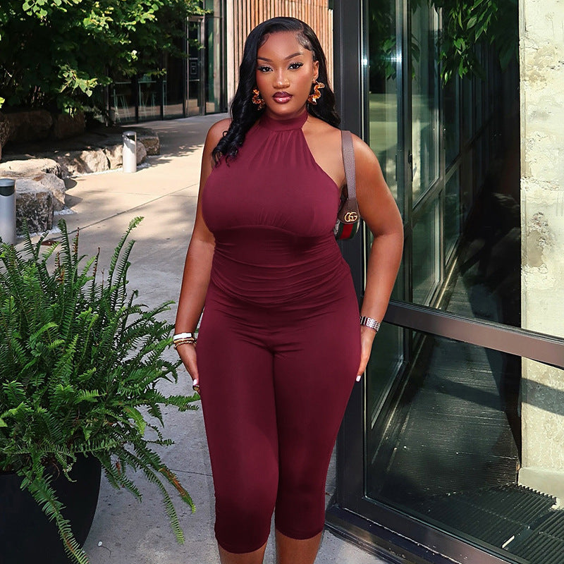Women's Solid Color Halter Sexy Fitted Sleeveless Backless Jumpsuit