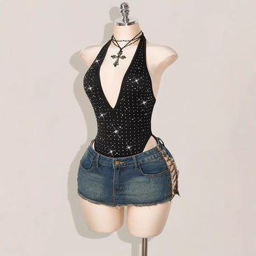 Women's Sequin Rhinestone Decorated Deep Neck One-Piece Swimsuit