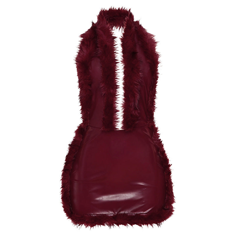 New sexy street trendy leather patchwork sleeveless hanging neck and hip hugging dress