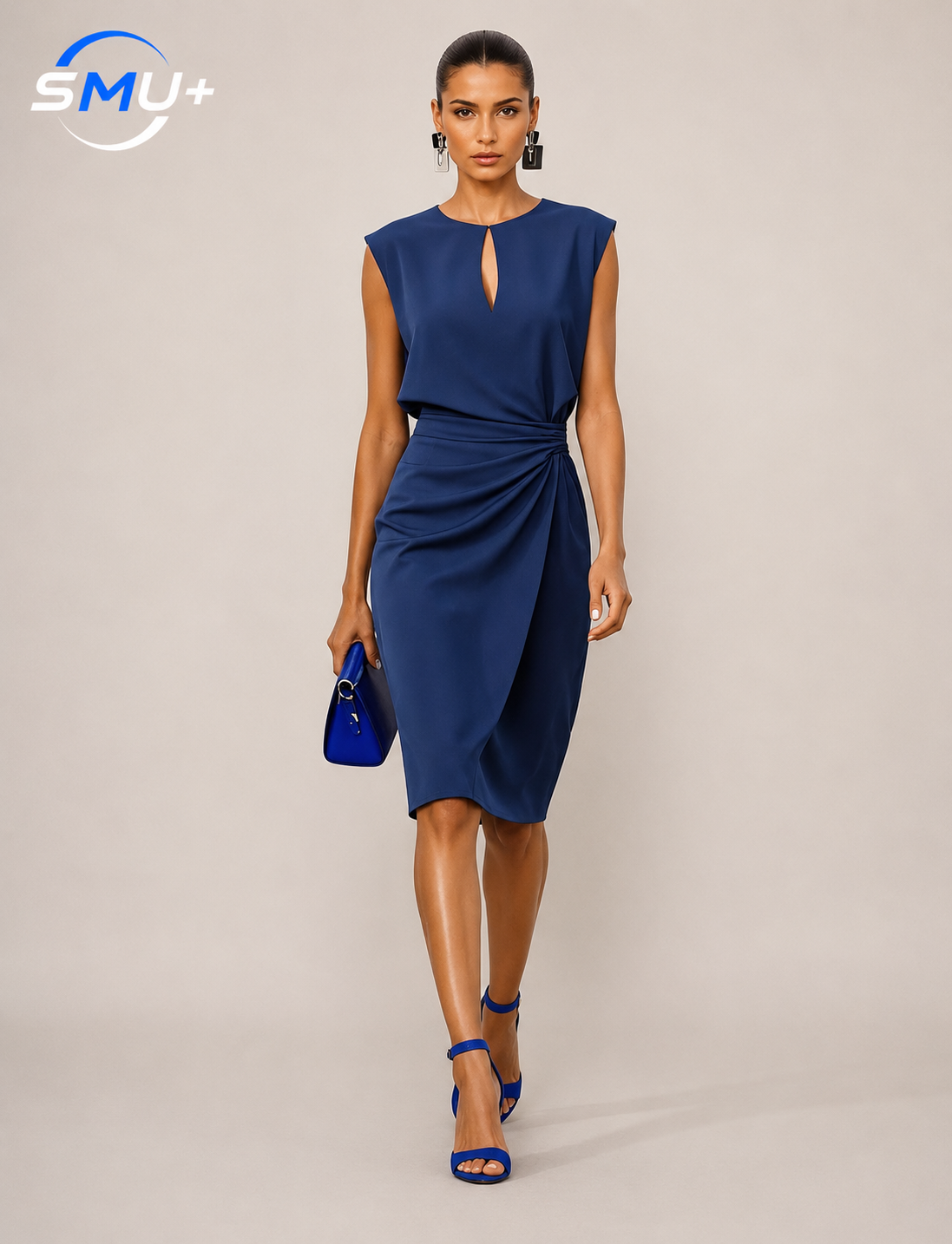Solid color pleated waist cinched round neck hollow out women's dress