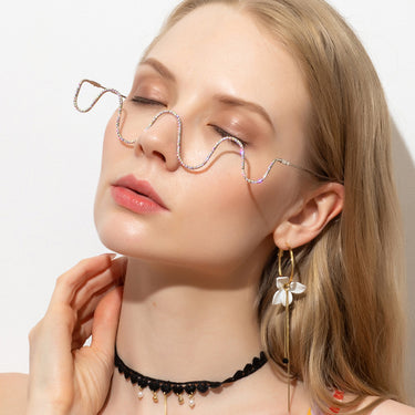 New Fashion Colorful Diamond Half-Frame Glasses Women's Trendy Metal Wave No Piece Decorative Glasses Frame
