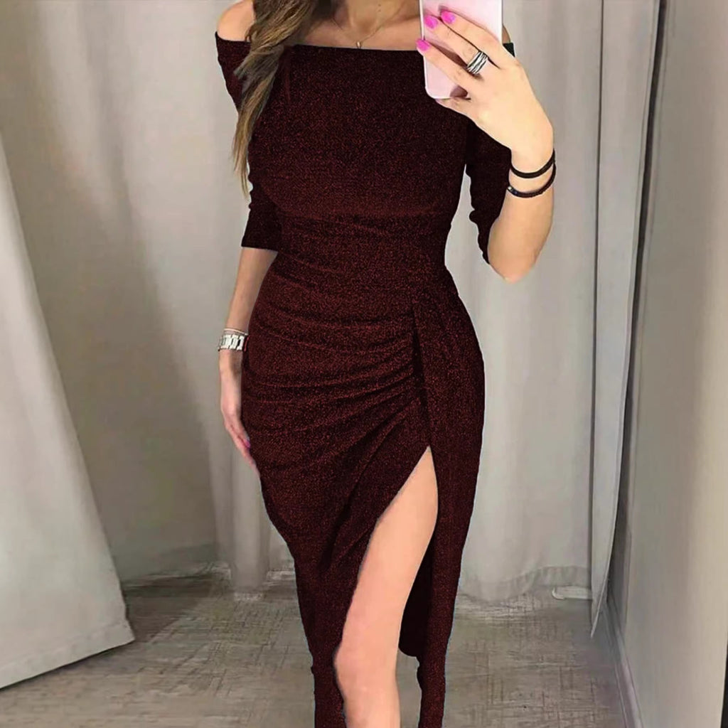 Shiny Off-Shoulder Long Sleeve Slit Sexy Fitted Dress for Party and Birthday Celebration