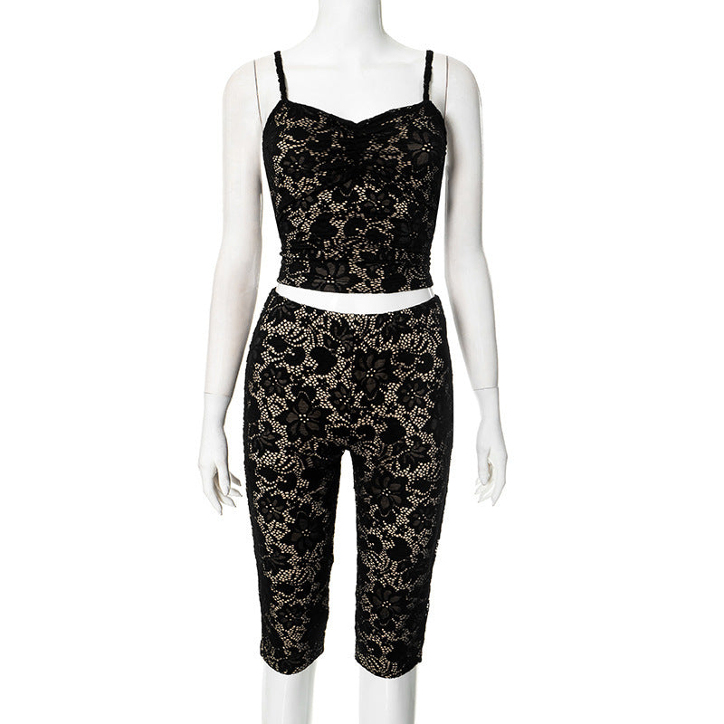 Sexy Lace Sheer Strap Top amp High-Waisted Casual Pants Two-Piece Set