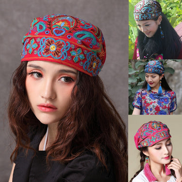 Women Mexican Style Ethnic Vintage Embroidery Flowers Bandanas Red Print Hat