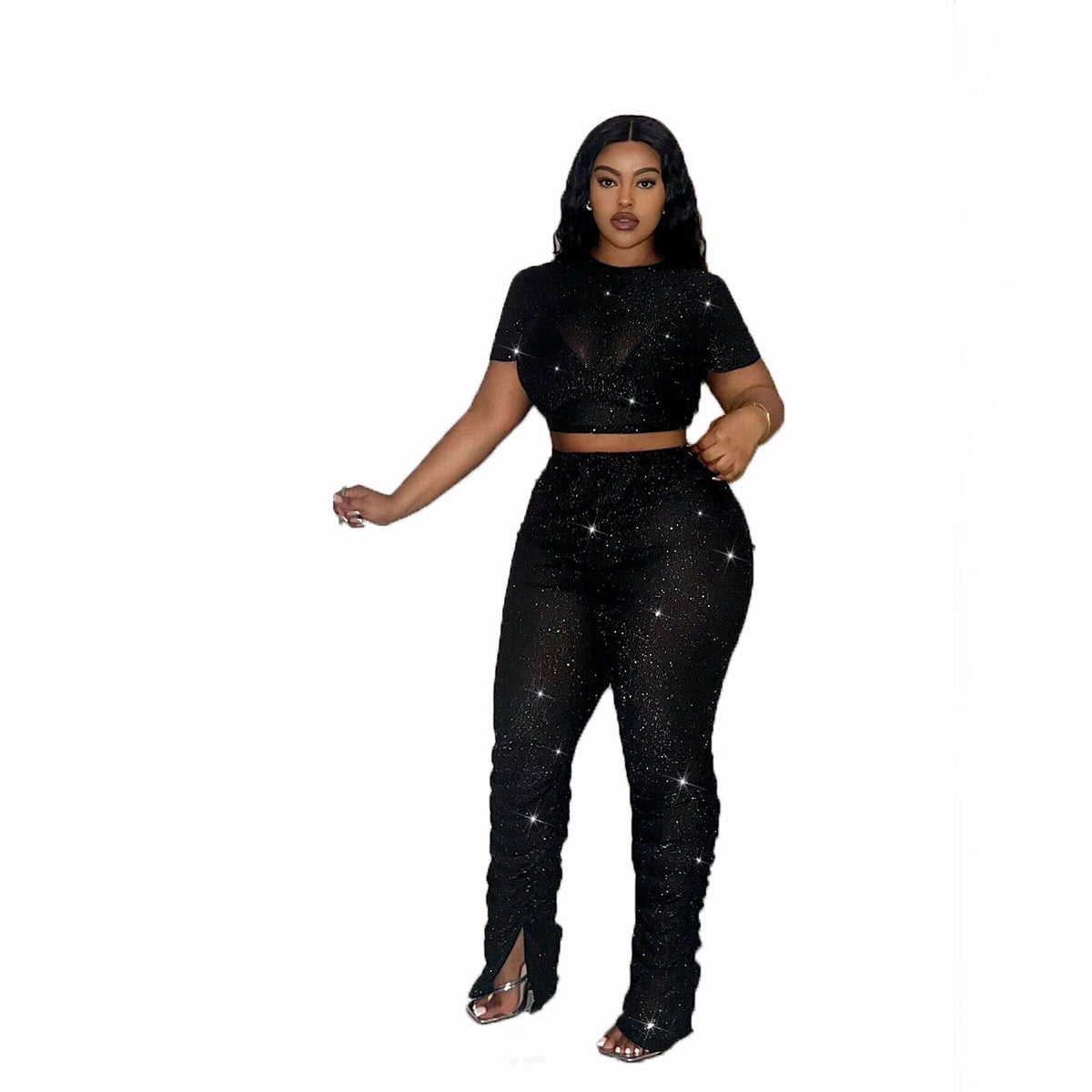 Slim fit navel exposed mesh pleated suit for women smu plus