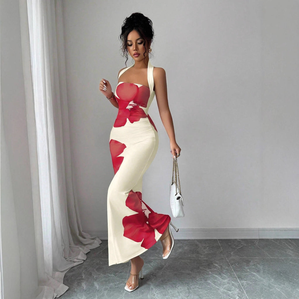 women's backless halter long dress with printed pattern fitted silhouette