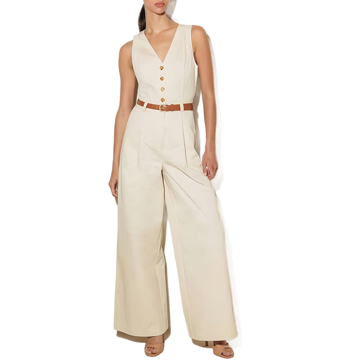 V-Neck Sleeveless High-Waisted Wide-Leg Jumpsuit Fashion Chic Office Wear Women's Clothing