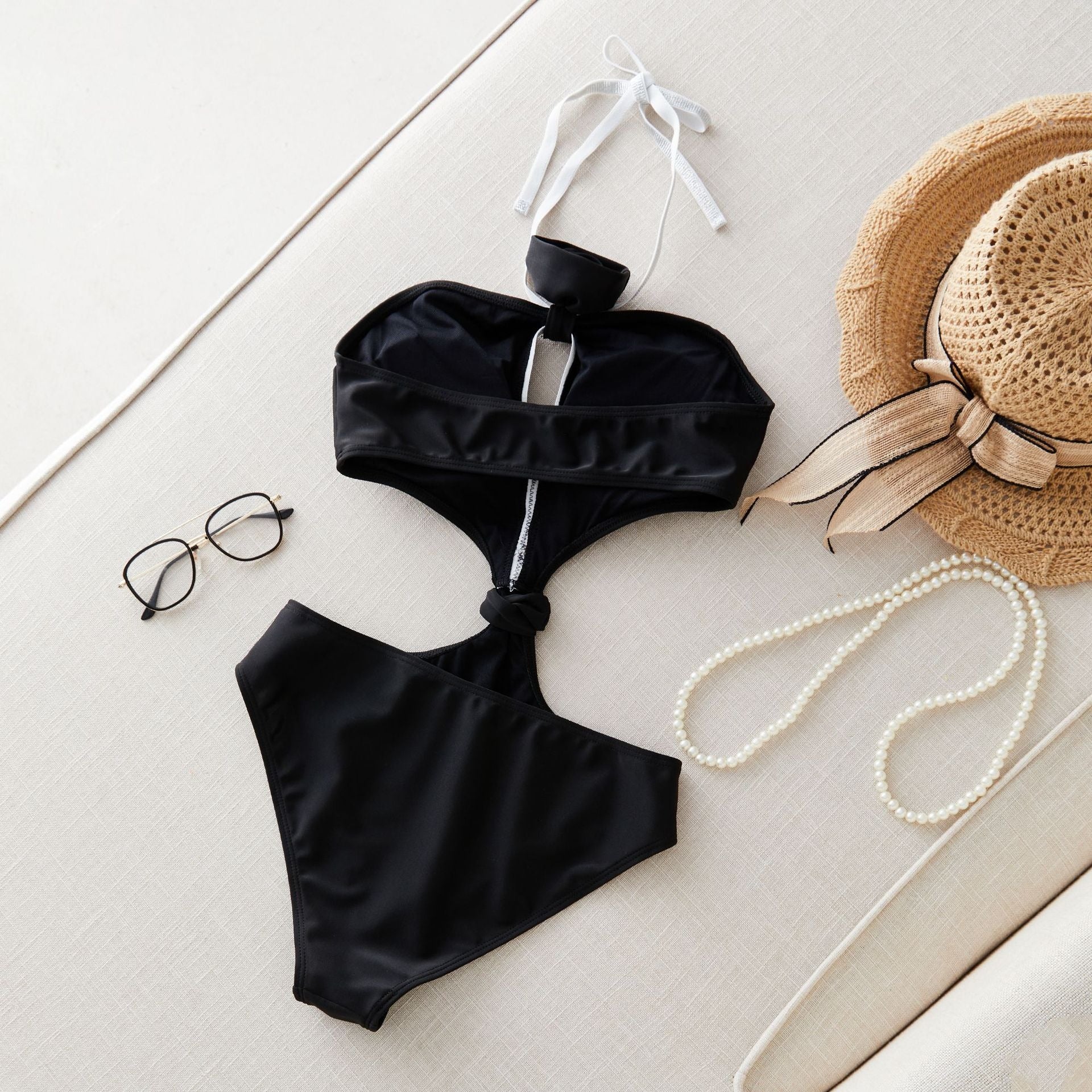 Pure Black One-piece Bikini Swimsuit Feminine Hollow One-piece /SMU PLUS
