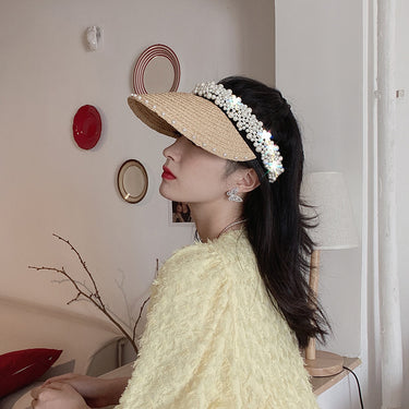 New Women Pearl Headband Hat Raffia Visor Caps For Girls Beach Hat Braided Fashion Cap Lady Summer Straw Sun Hats Wholesale