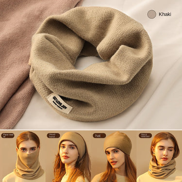 One piece solid color hanging ear women's wool scarf with scarf and hat