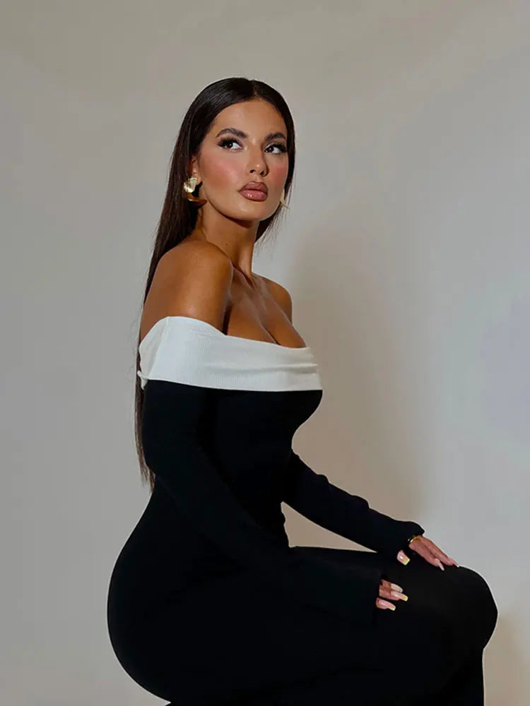 Shoulder Contrast Color Knitted Maxi Dress Women Long Sleeve Bodycon Dresses Summer Female Chic Party Evening Robe