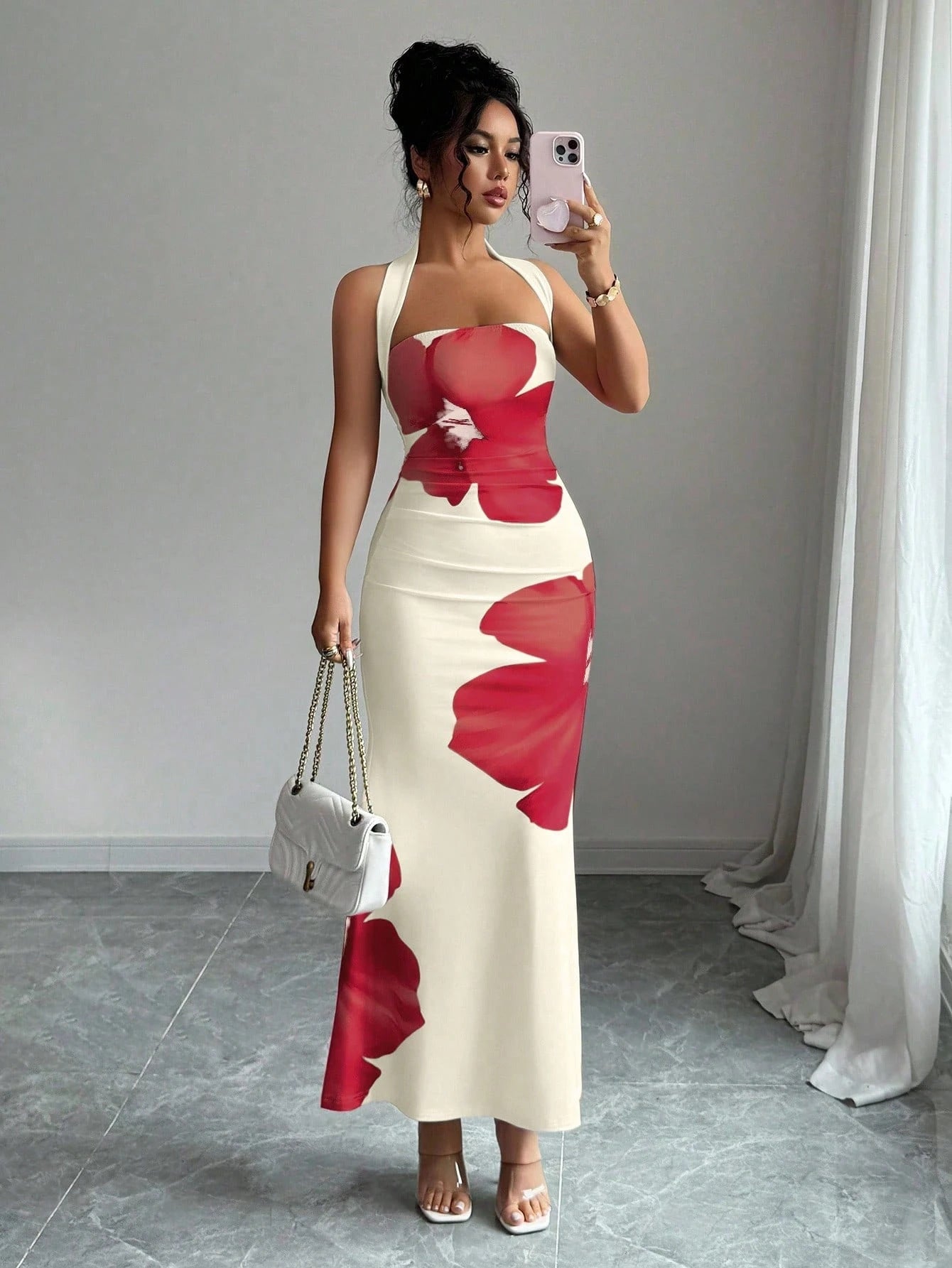 women's backless halter long dress with printed pattern fitted silhouette